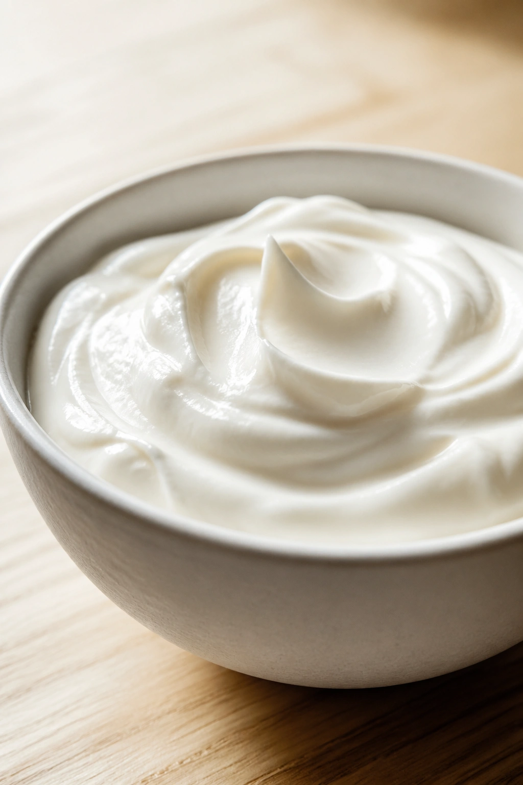 Thick Greek yogurt in a small bowl on a wooden counter, close-up
