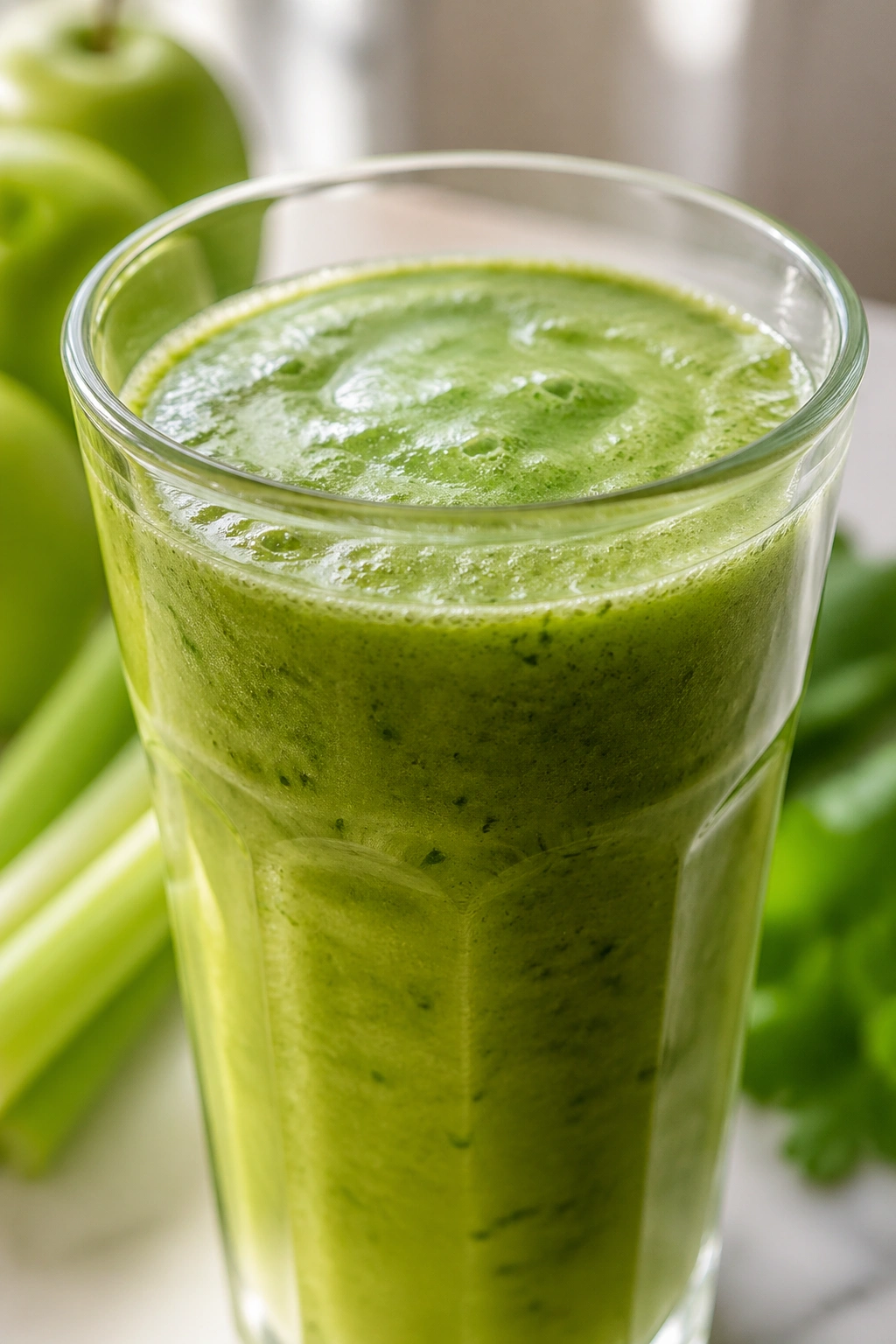 Vibrant green apple celery smoothie in glass on bright kitchen counter