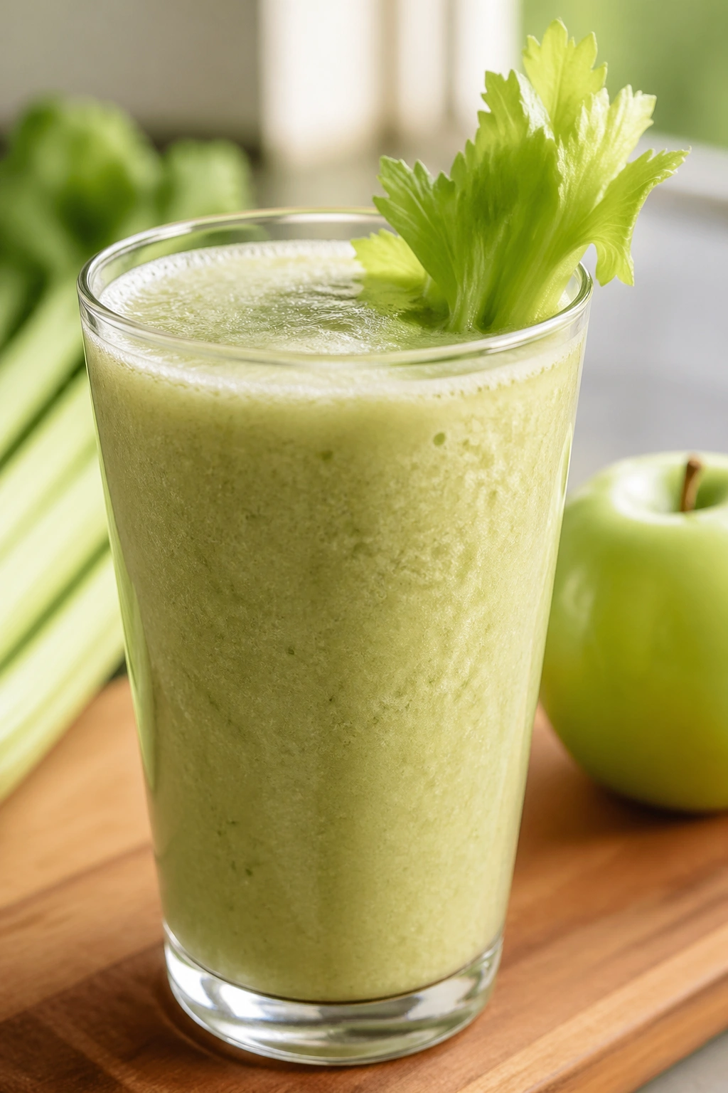Close-up of a green apple celery smoothie in a glass on a kitchen counter
