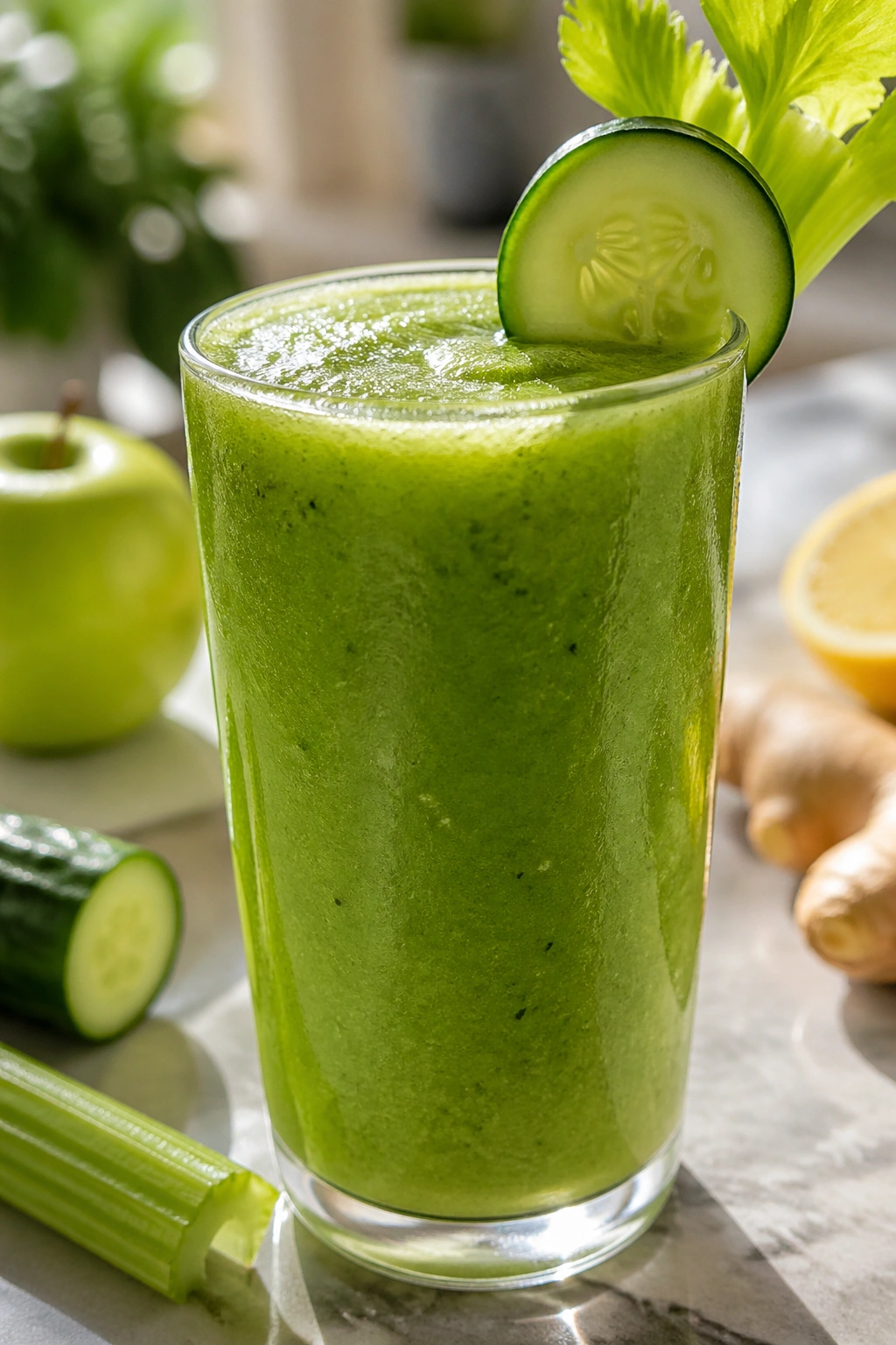 Close-up of Green Apple Cucumber Celery Smoothie in glass on sunlit kitchen counter.