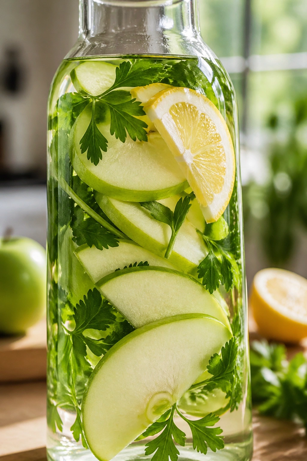 Close-up of green apple lemon parsley water in a glass bottle with apple slices and parsley