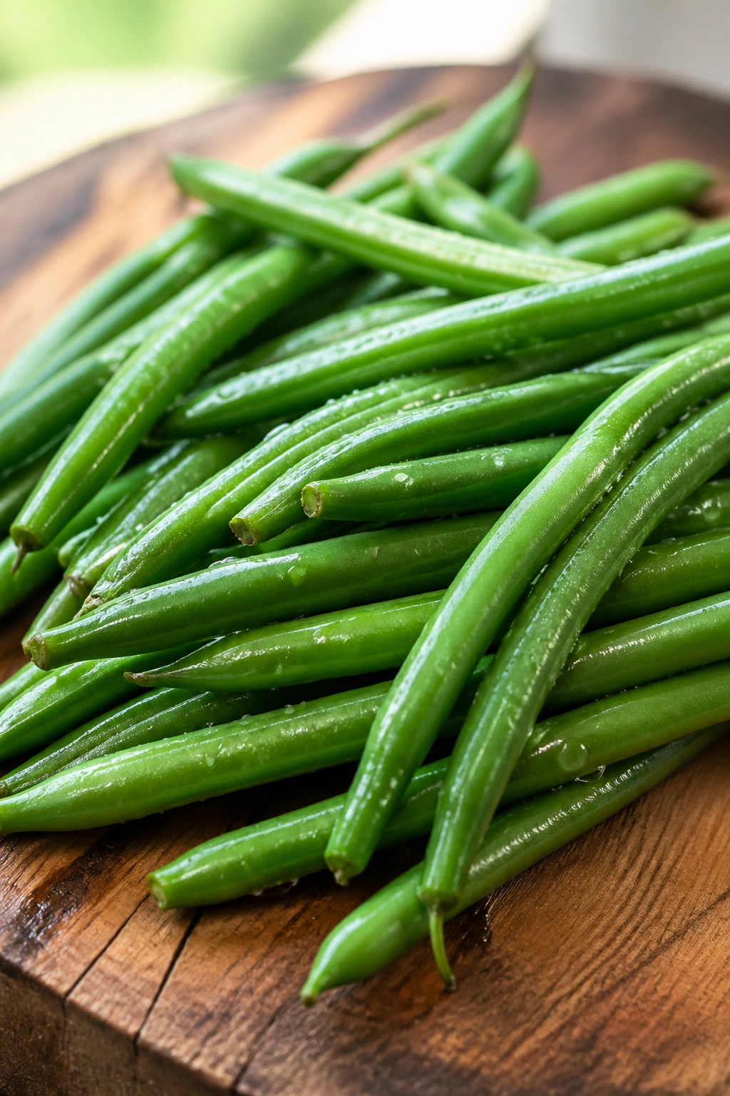 Close-up of crisp green beans on a wooden board in a bright kitchen
