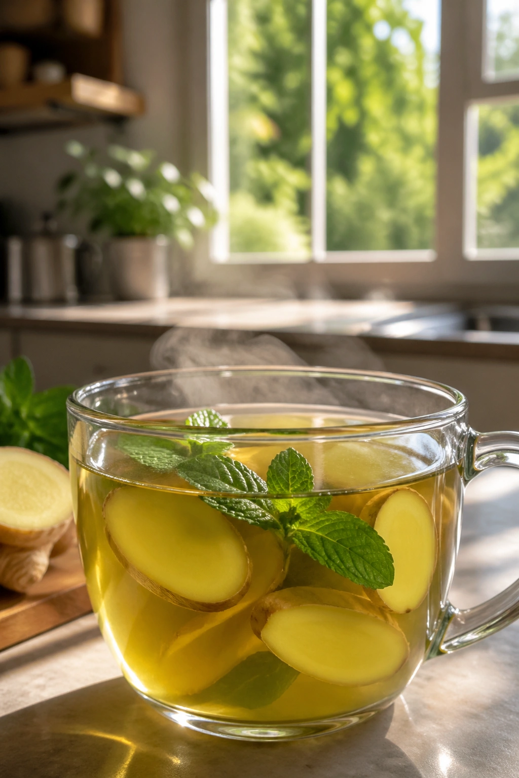 Steaming mug of green ginger tea in a sunlit kitchen before a walk