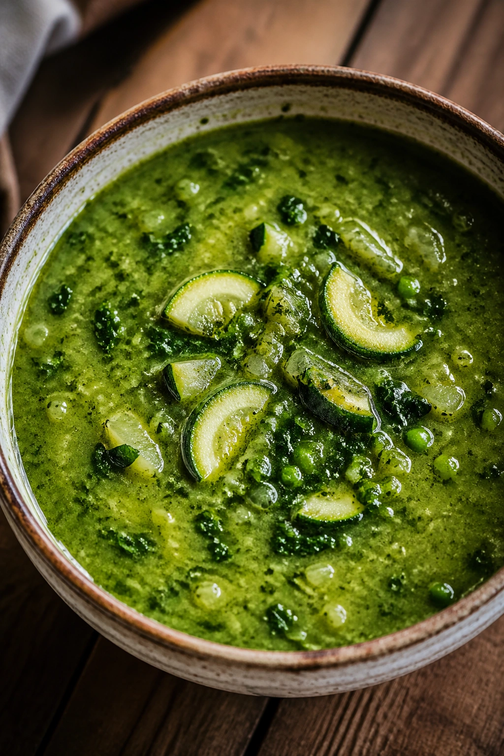 Close-up of vibrant green soup in a rustic bowl