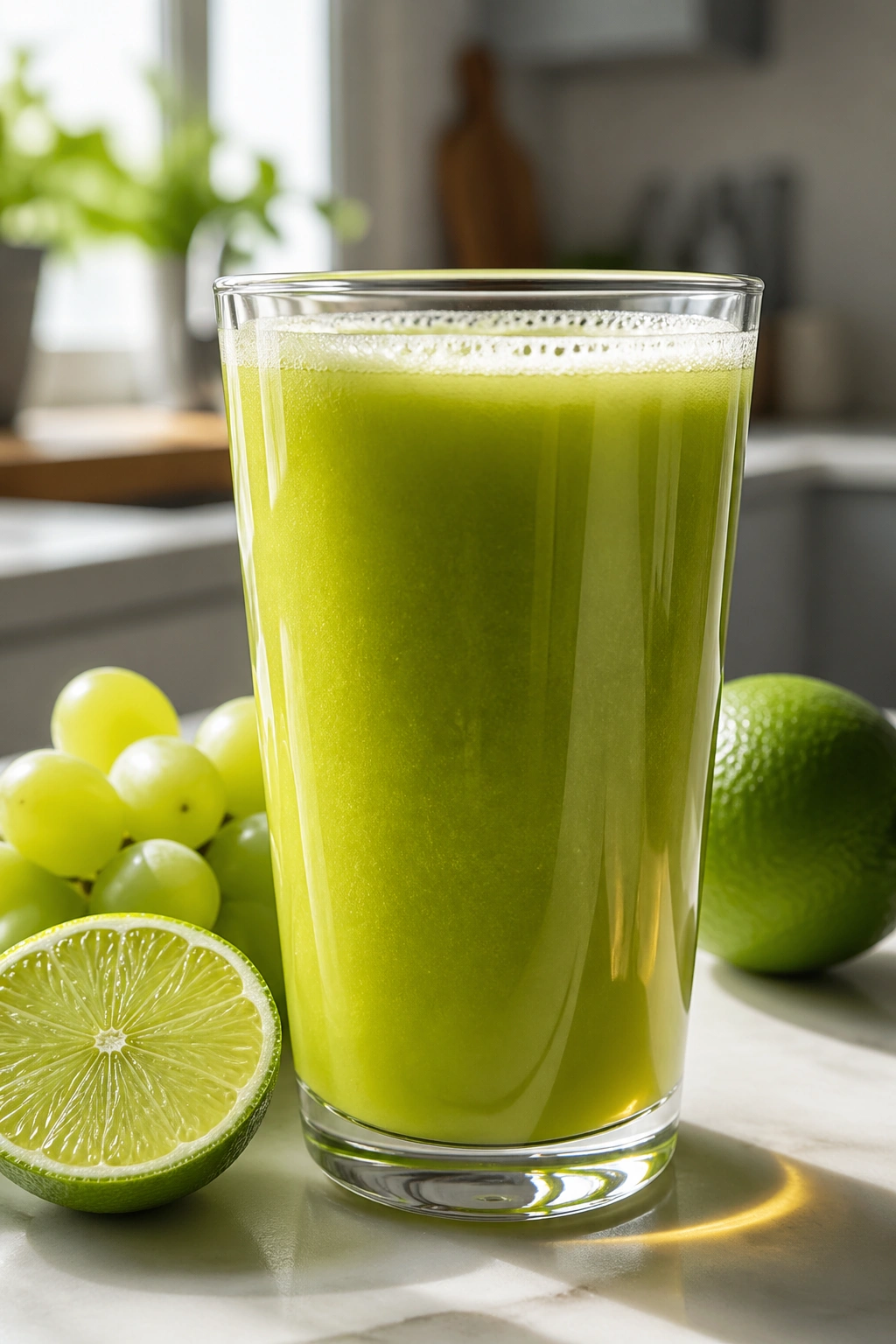 Close-up of green grape and lime juice in a glass.
