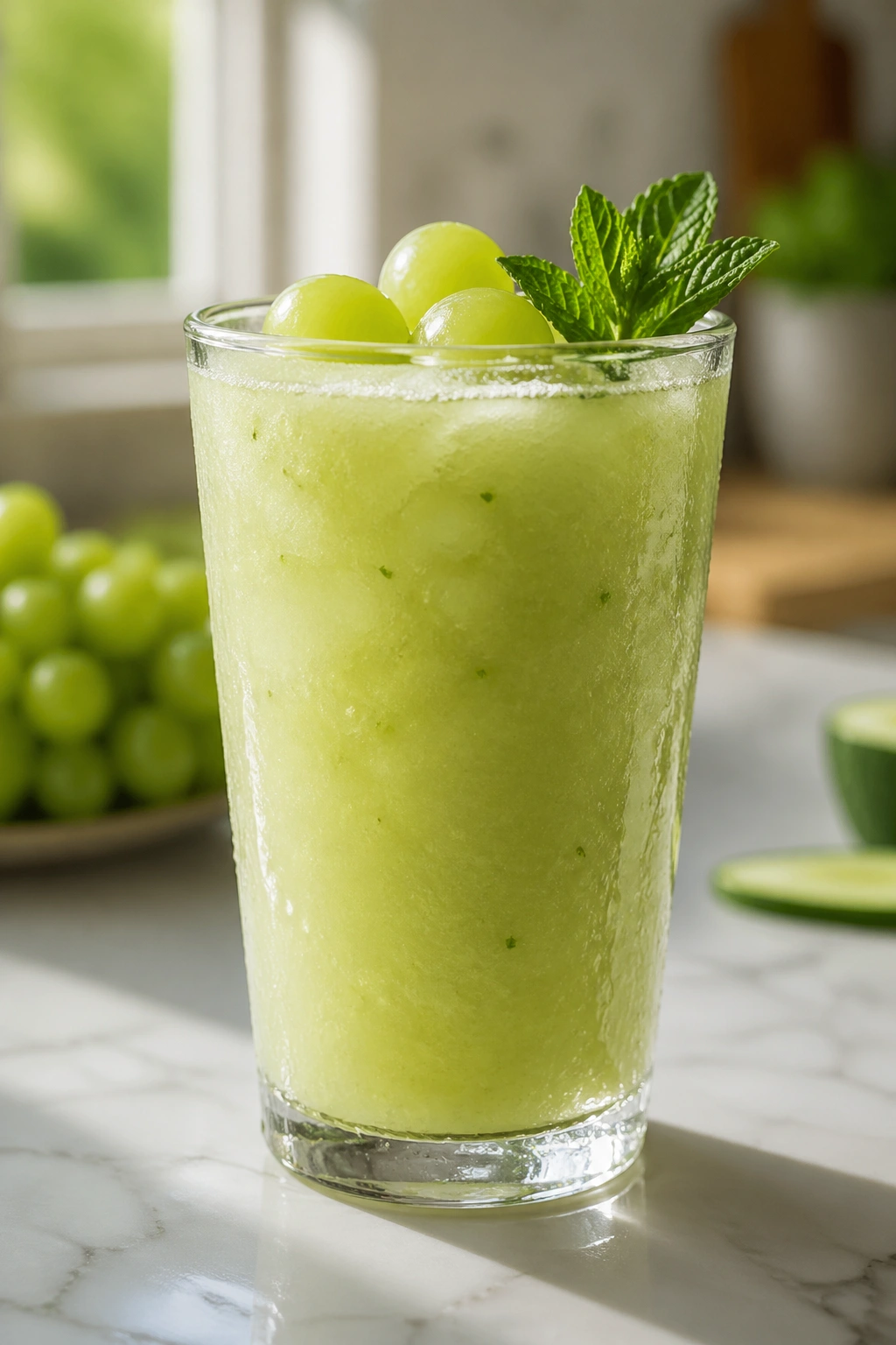 Close-up of green grape mint refresher smoothie in a glass on a bright kitchen counter