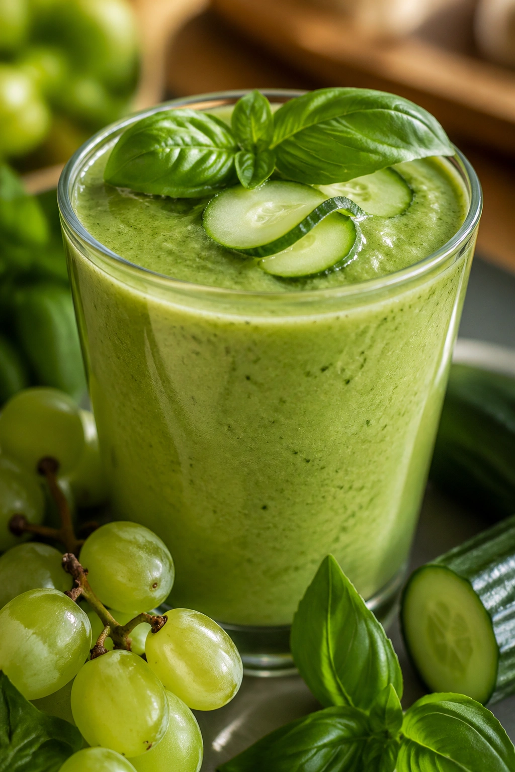 Green smoothie glass with cucumber, basil, and grapes on a kitchen counter
