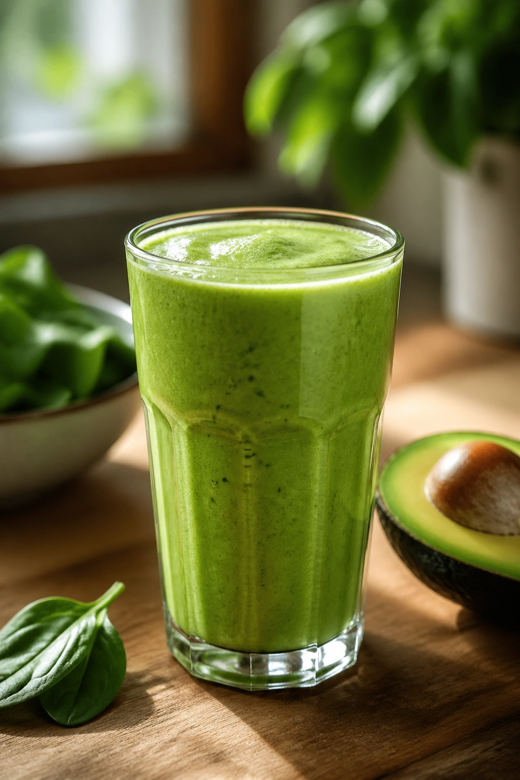 Green kefir spinach smoothie in glass on wooden counter