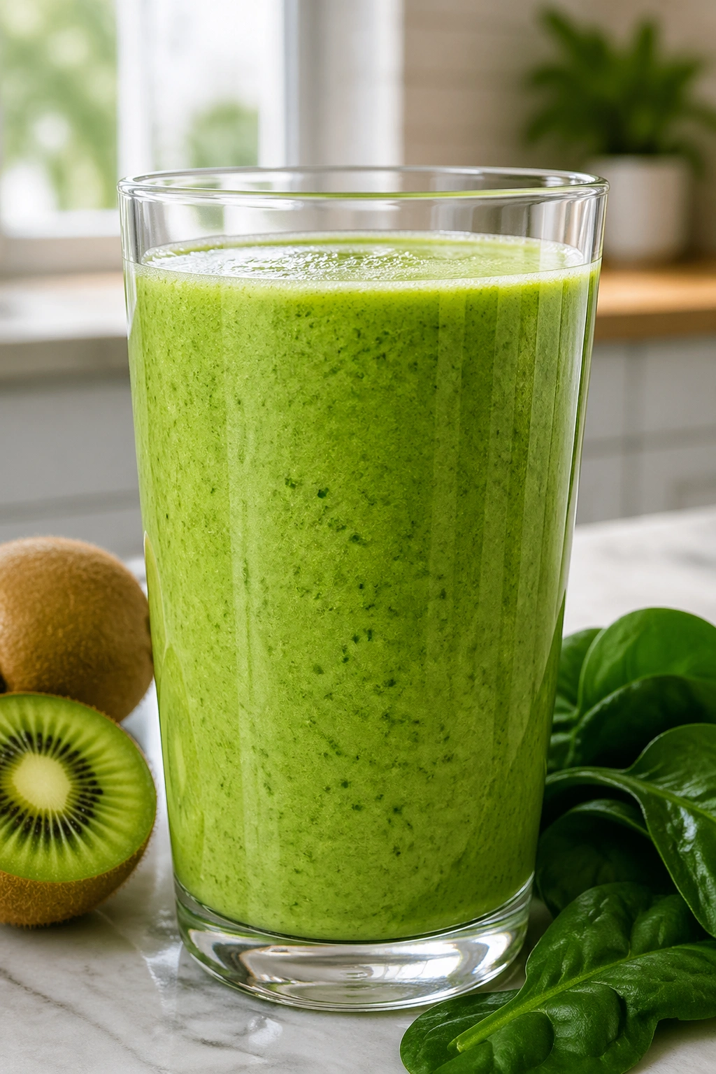 Bright green Kiwi Spinach Recovery Shake in a glass on a kitchen island