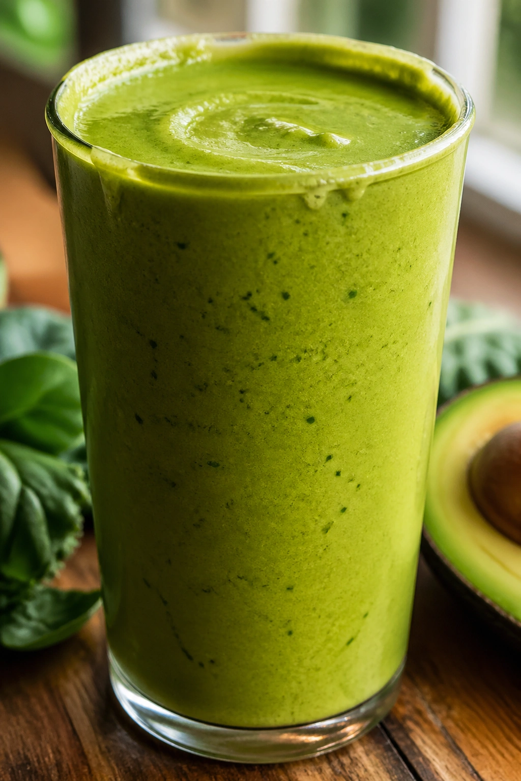 Close-up of Green Machine Avocado Cream smoothie in a glass on a wooden counter, vibrant green and creamy.