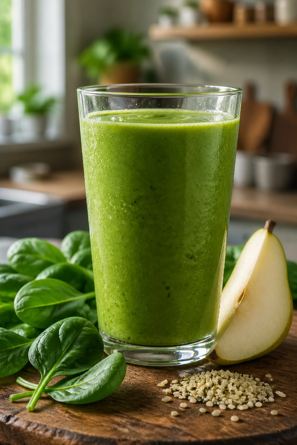 Close-up of bright green spinach pear hemp smoothie in a glass on a wooden counter