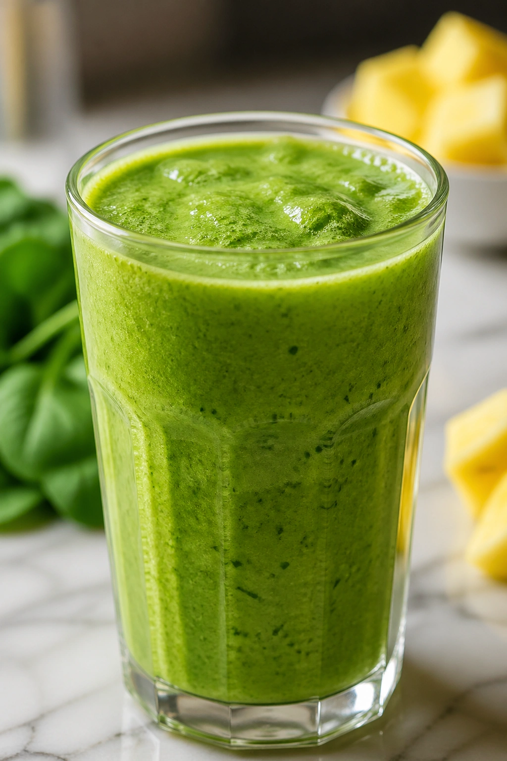 Vibrant green pineapple spinach protein smoothie in glass