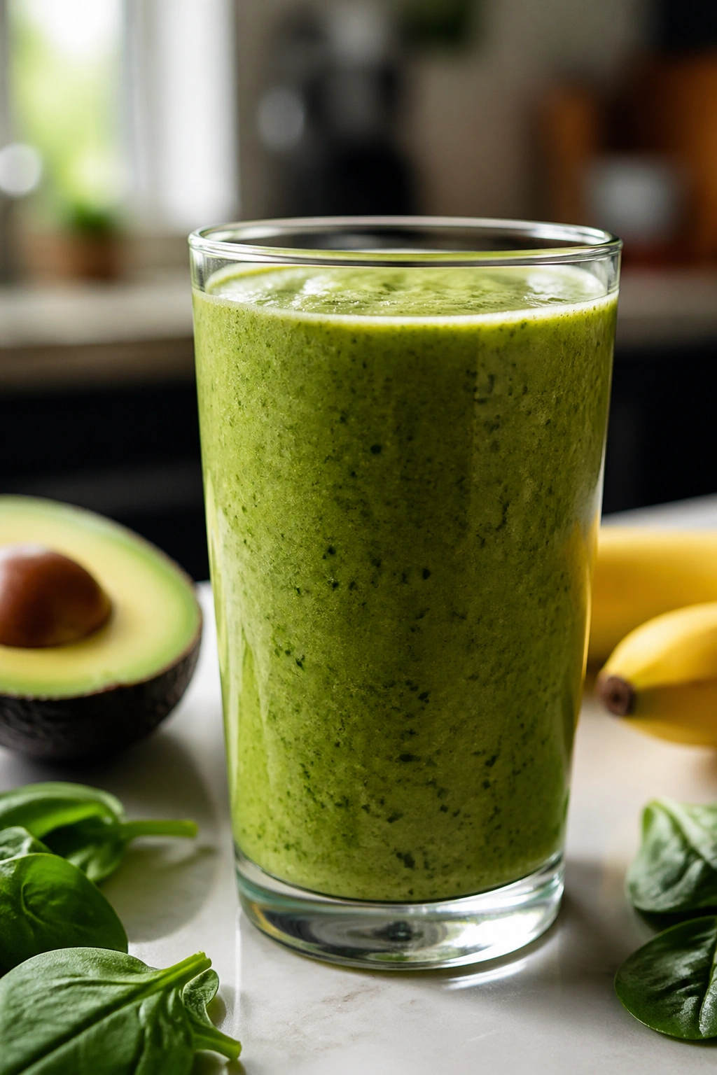 Green spinach avocado banana recovery smoothie in glass on kitchen counter