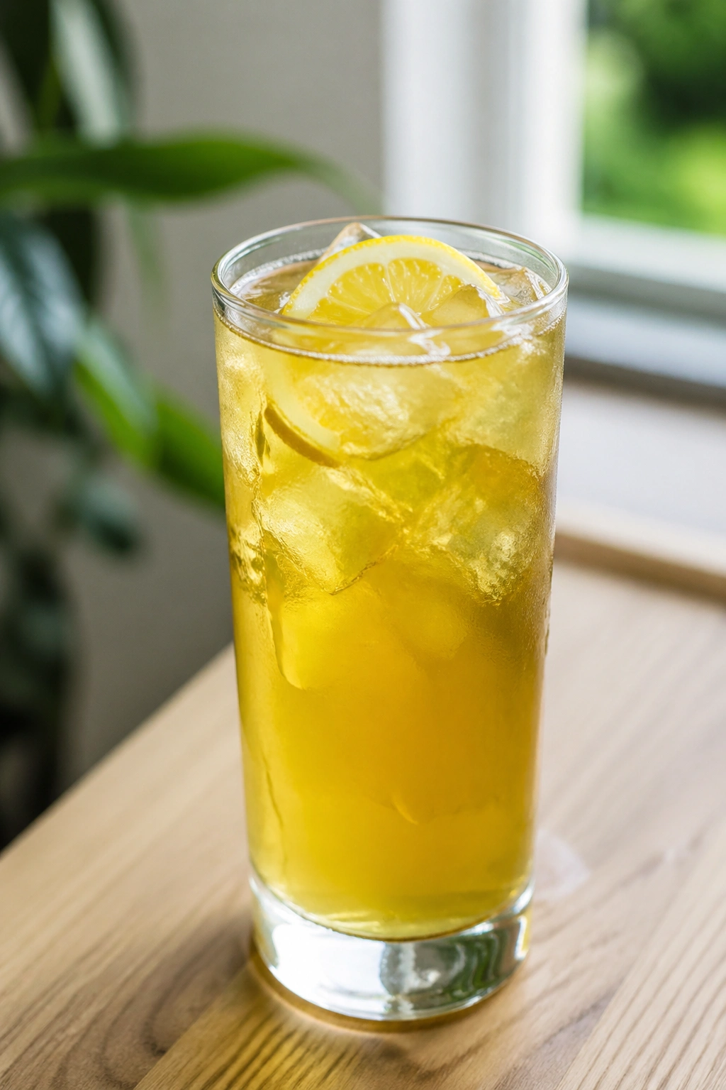 Green tea and ACV iced drink in a tall glass
