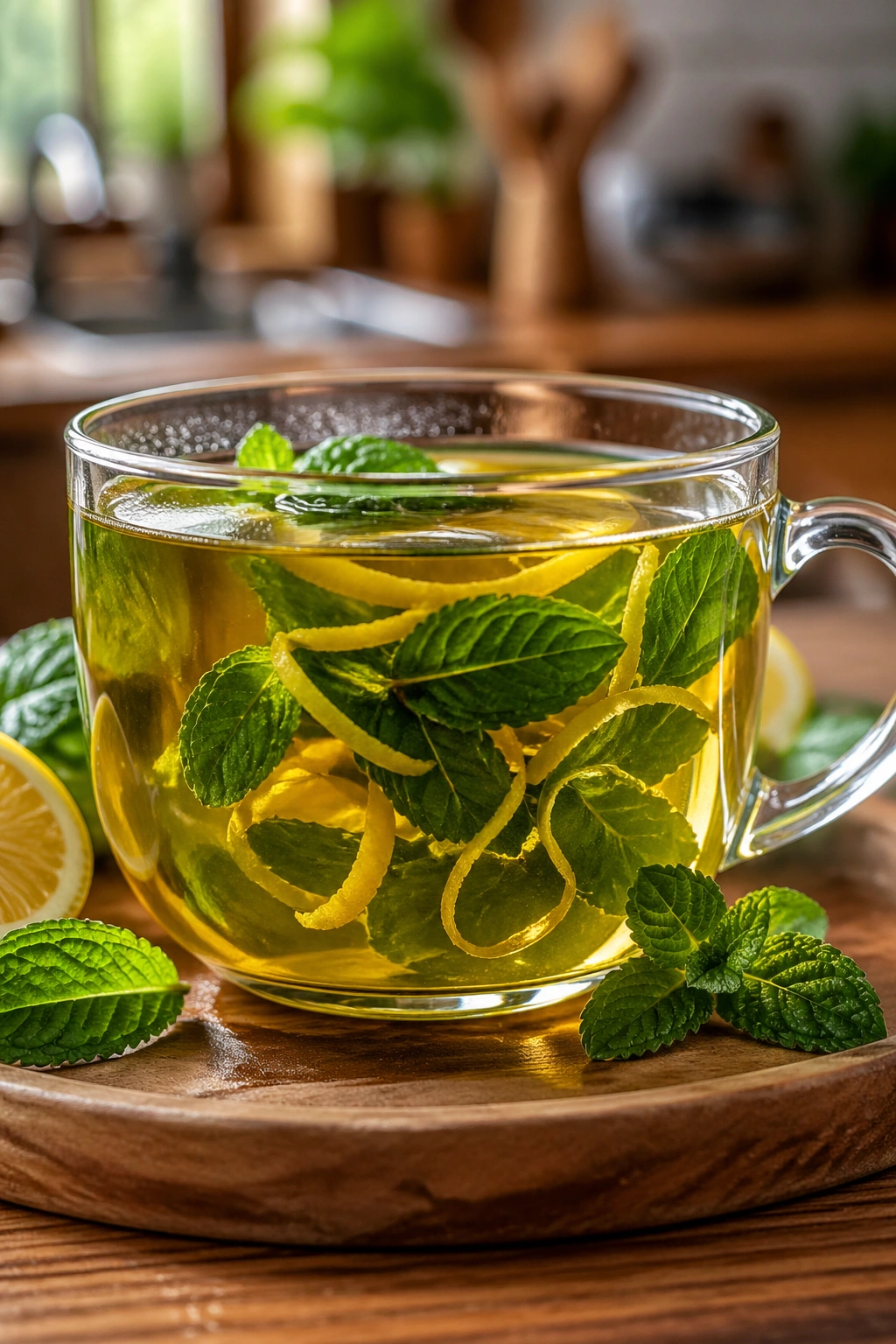 Cup of green tea with visible citrus zest and mint leaves.