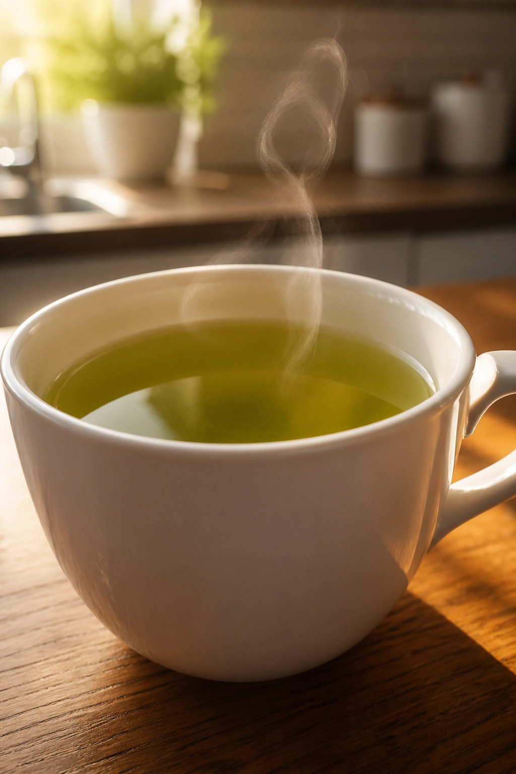 Close-up of a steaming cup of green tea in a white mug on a wooden table.