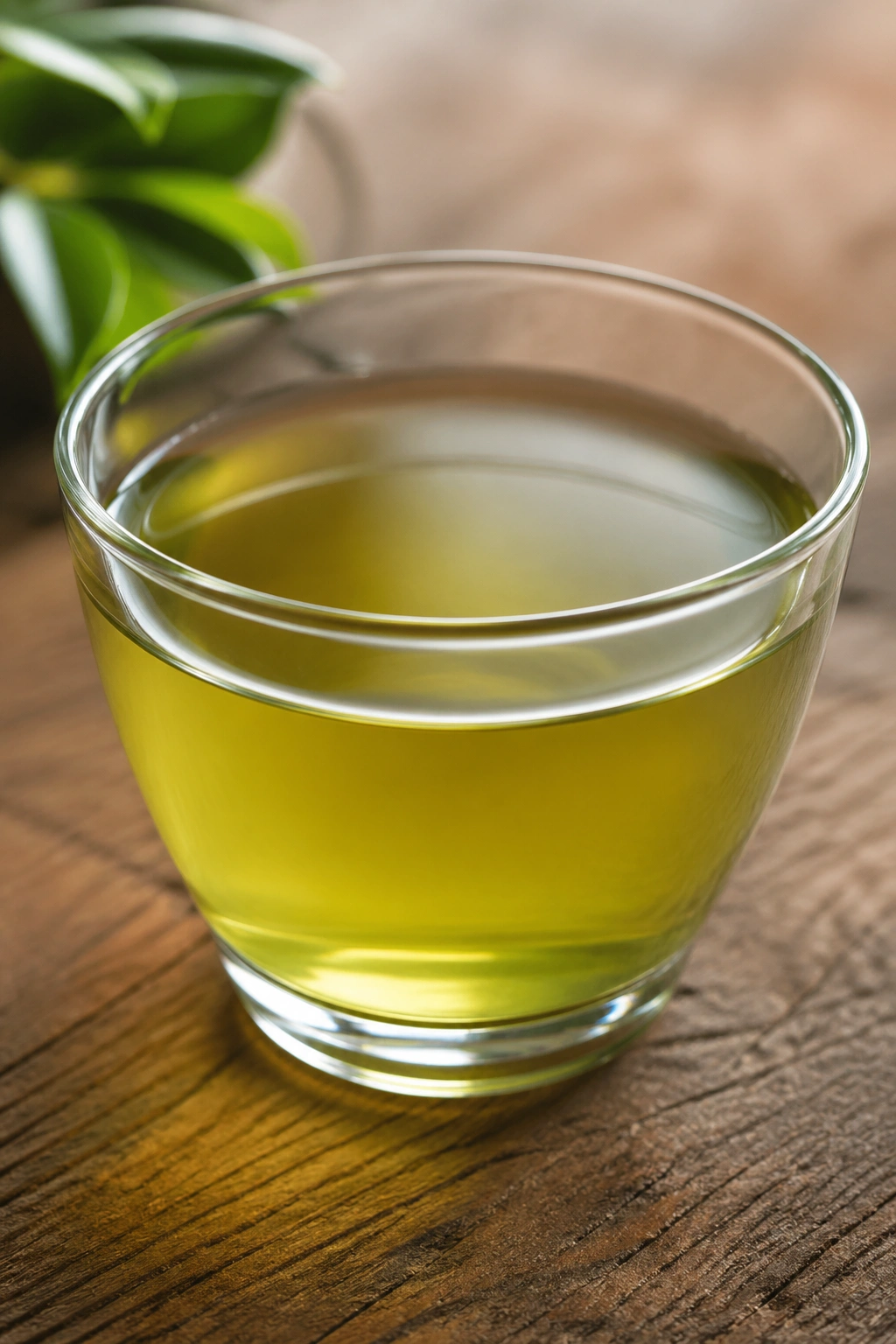 Green tea in a cup with steam on wooden table