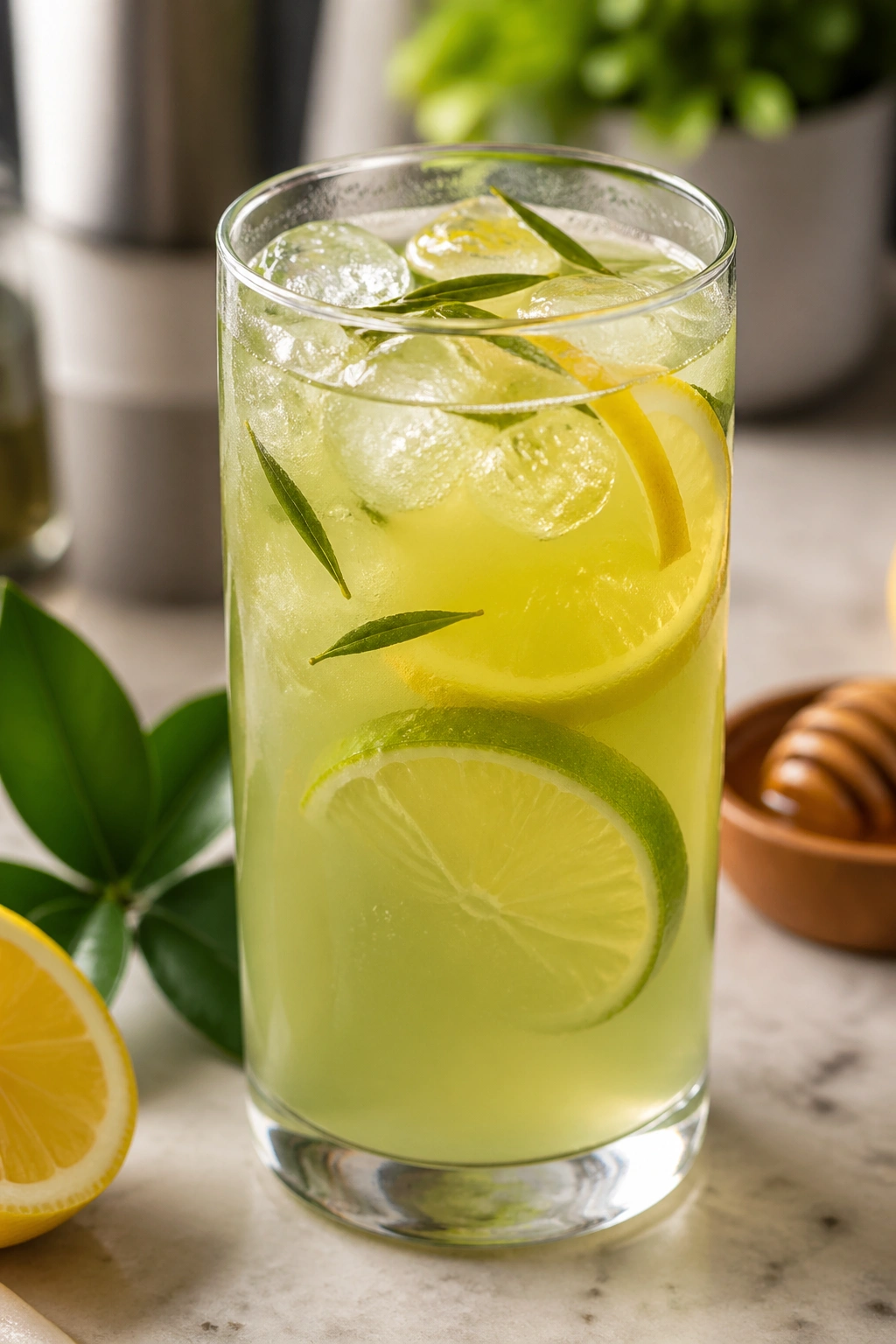 Green tea citrus pre-workout drink in glass