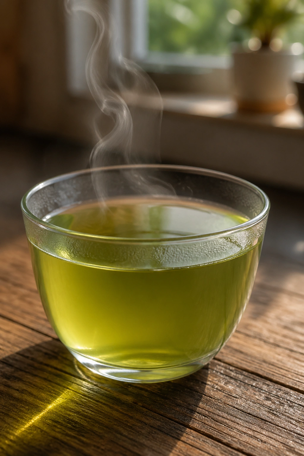 Close-up of a cup of green tea with steam by a sunlit kitchen window