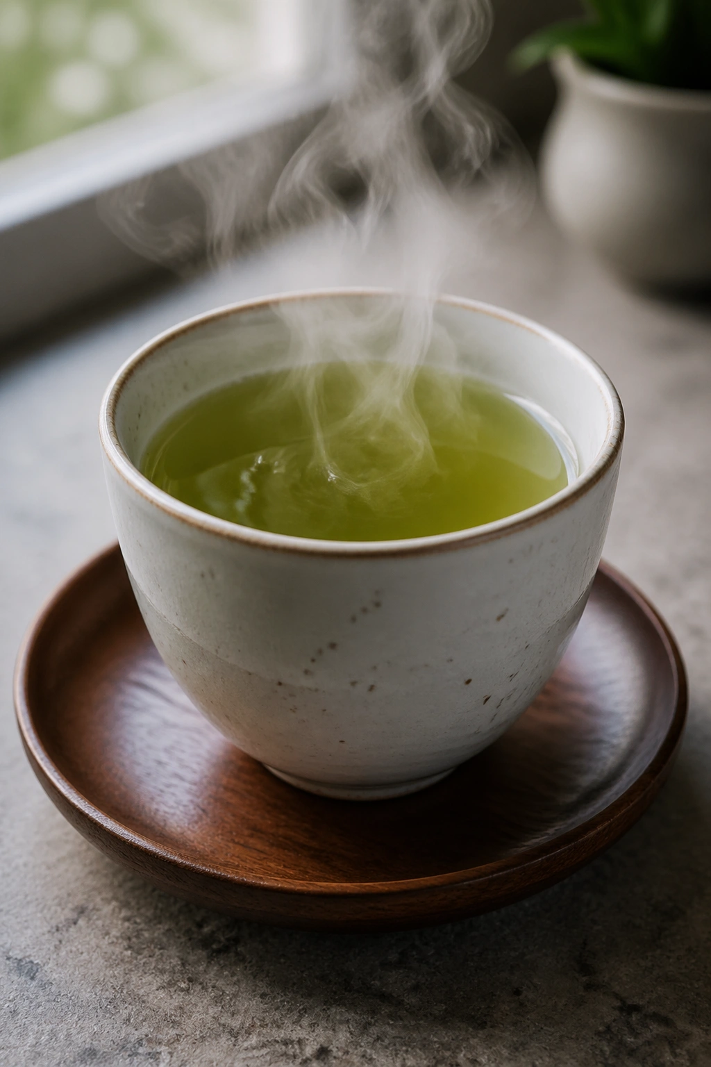 Close-up of a green tea cup on a wooden counter
