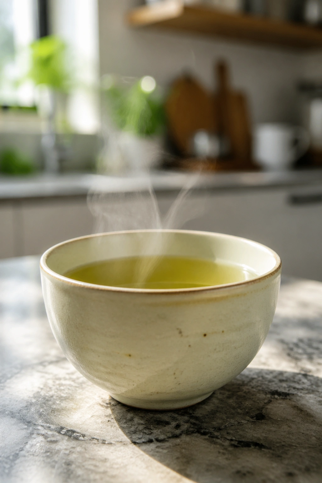 Close-up of a cup of green tea on a stone countertop
