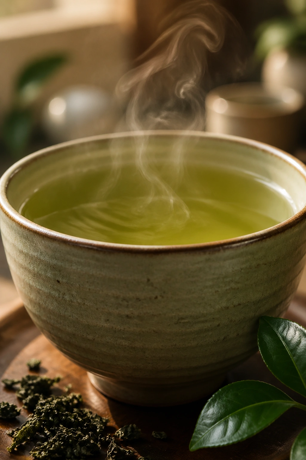 Close-up of a steaming cup of green tea in a cozy kitchen.