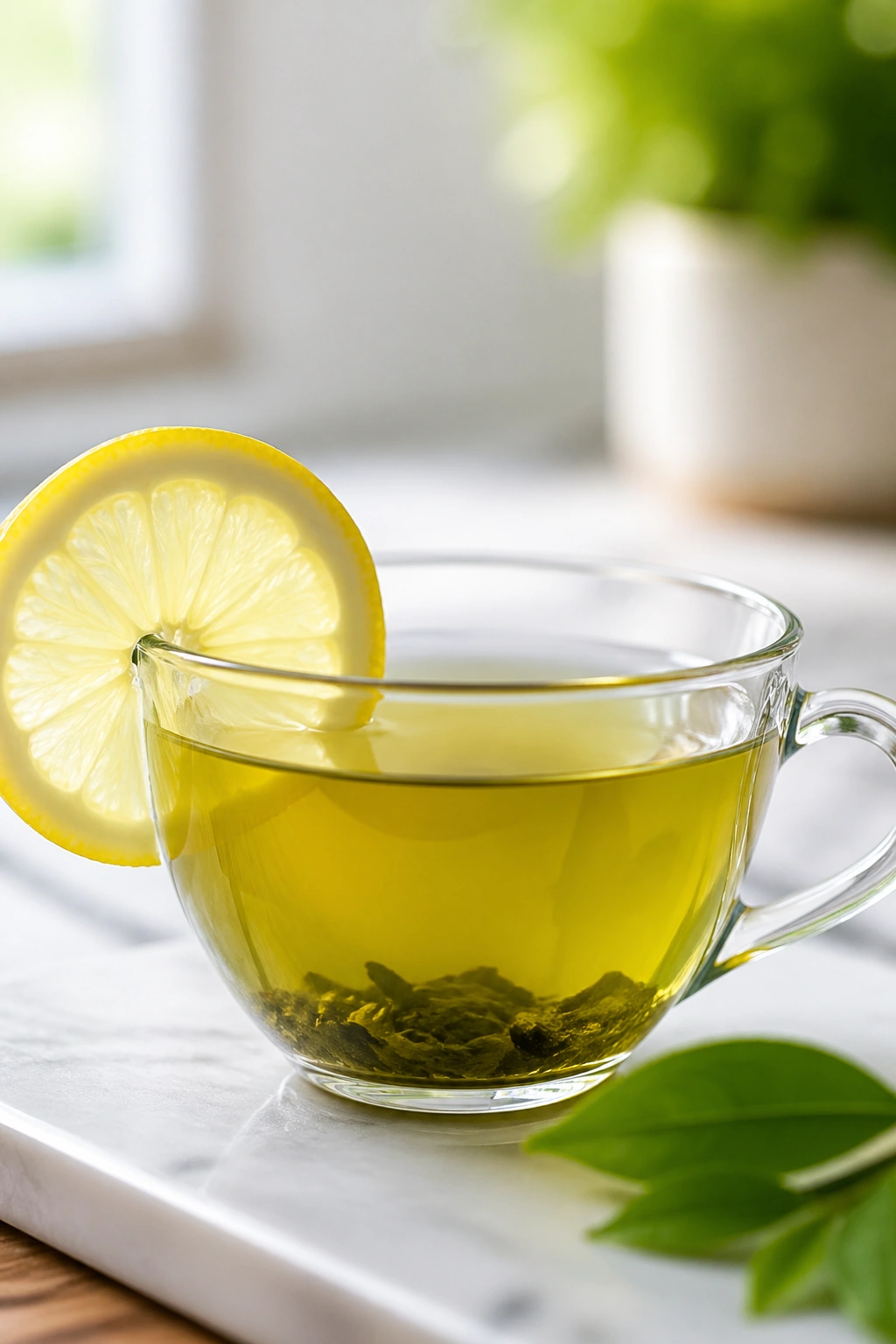 Close-up cup of green tea with lemon slice