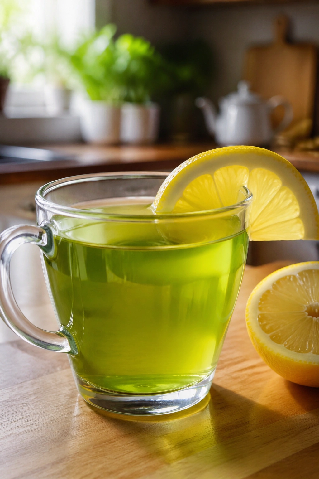 Close-up of green tea with lemon wedge in a glass on a wooden counter