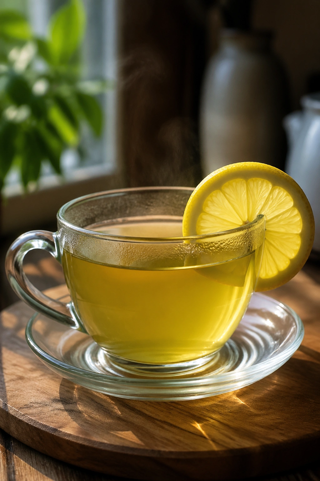 Close-up of a cup of green tea with a lemon slice on the rim.