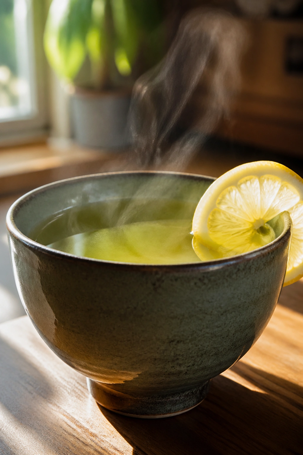 Close-up of green tea with lemon in a ceramic cup under warm kitchen light