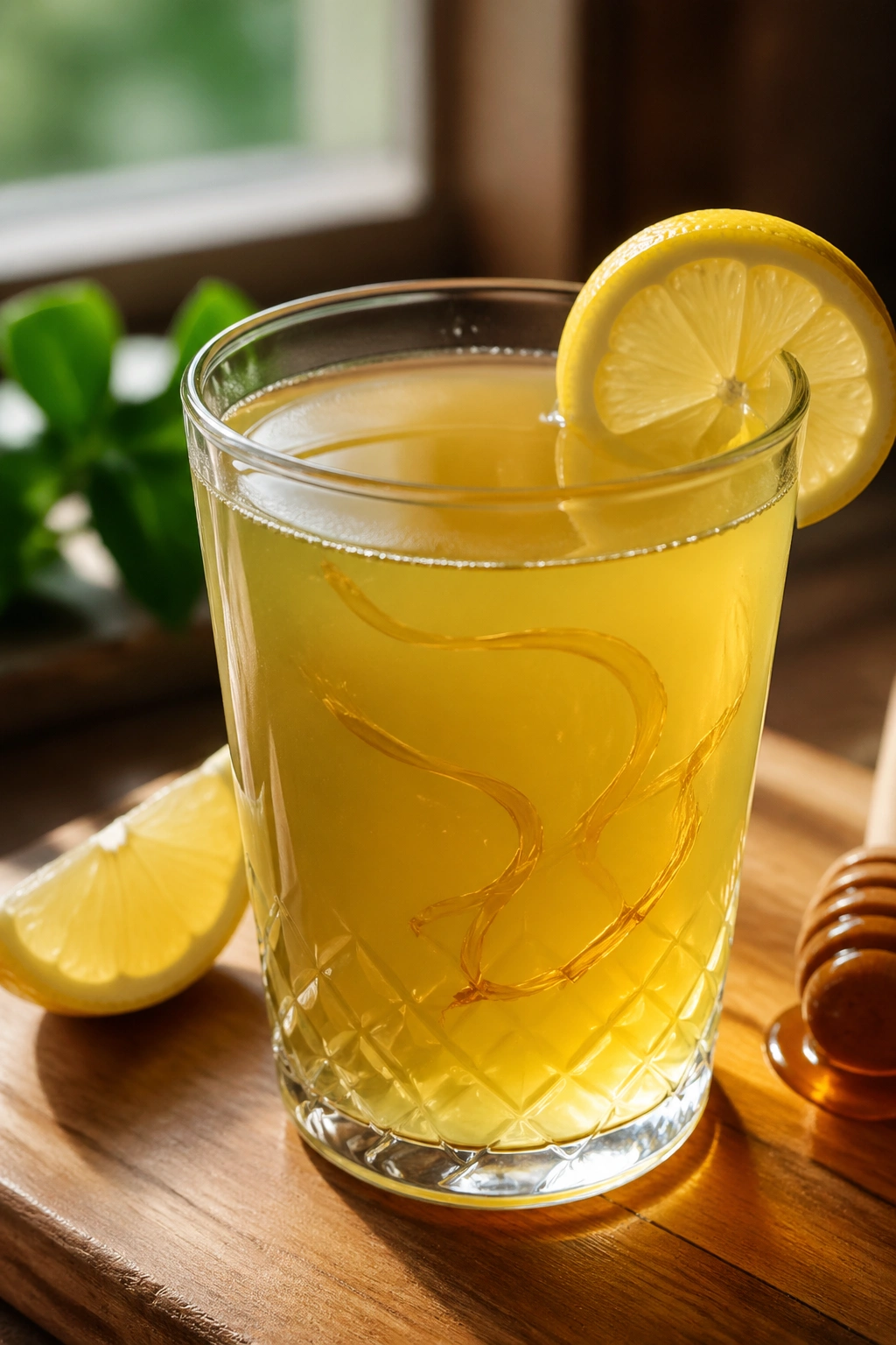Close-up of Green Tea Lemon Honey drink in a glass with lemon and honey swirl on a kitchen counter