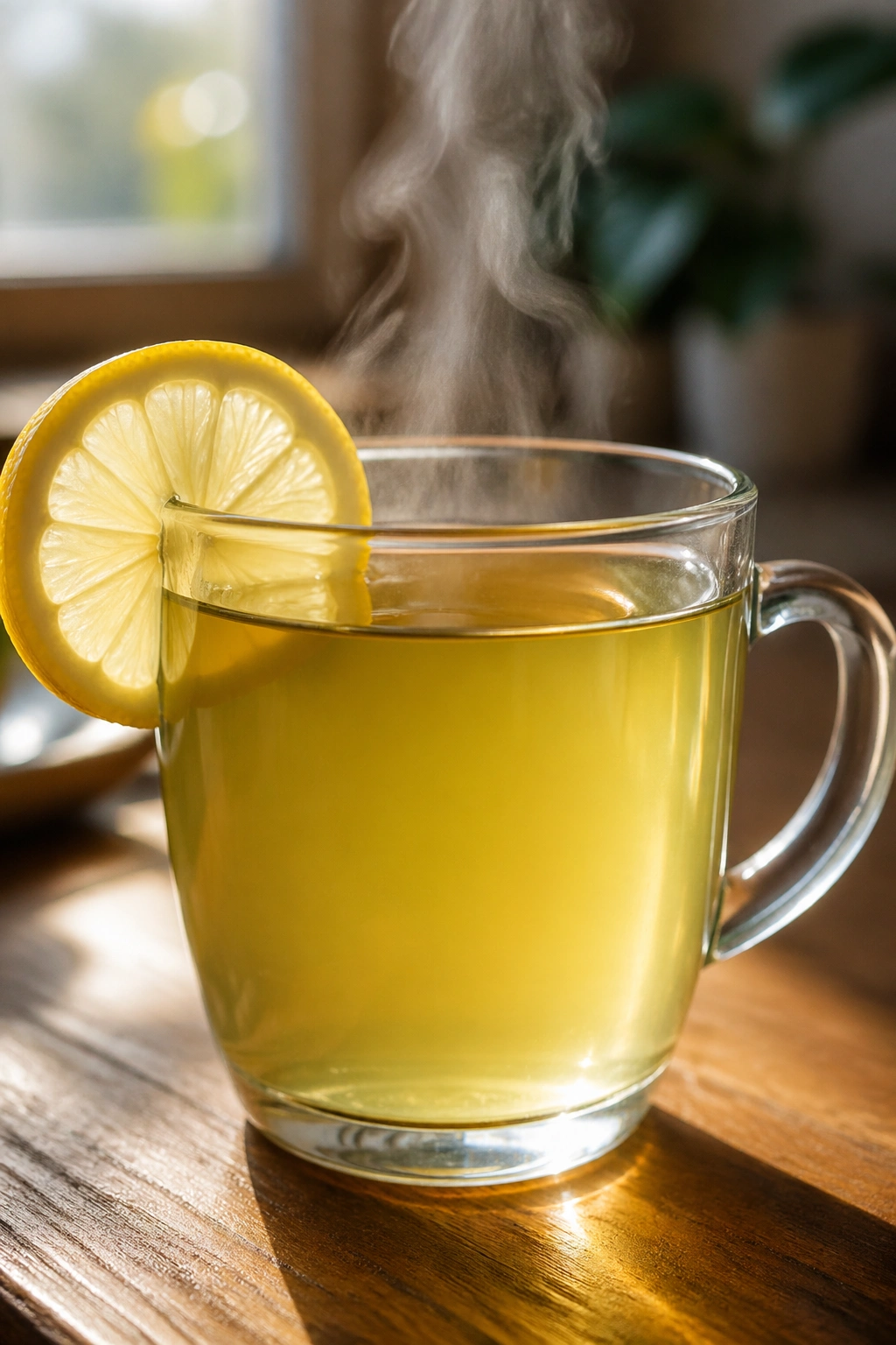 Close-up of a glass mug with lemon-infused green tea and steam