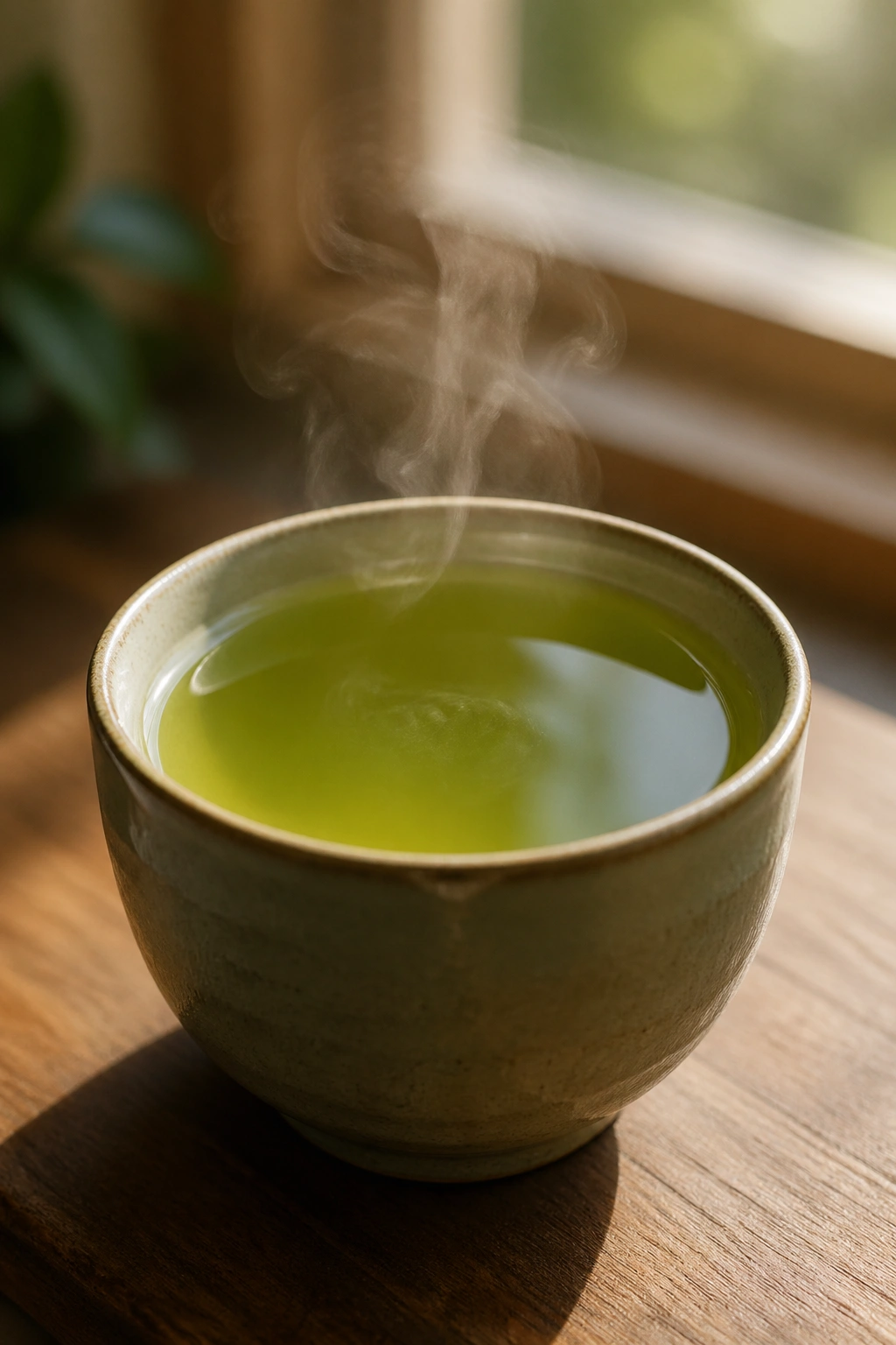 Steaming cup of green tea on a wooden surface