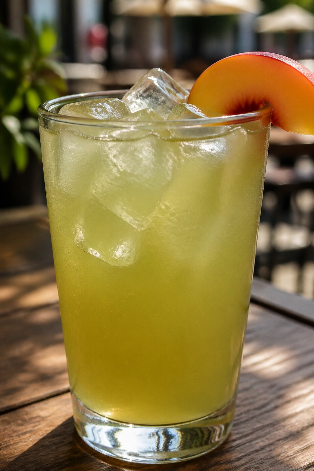 Glass of green tea peach cooler with peach slice on rim in bright outdoor light