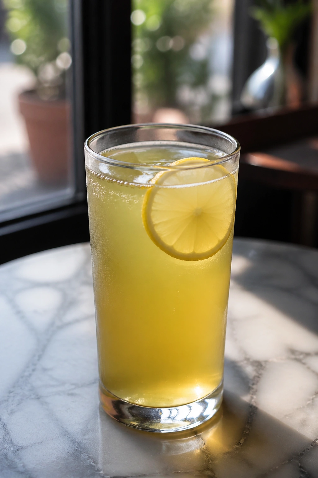 Medium close-up of green tea peach primer in a glass with lemon wedge