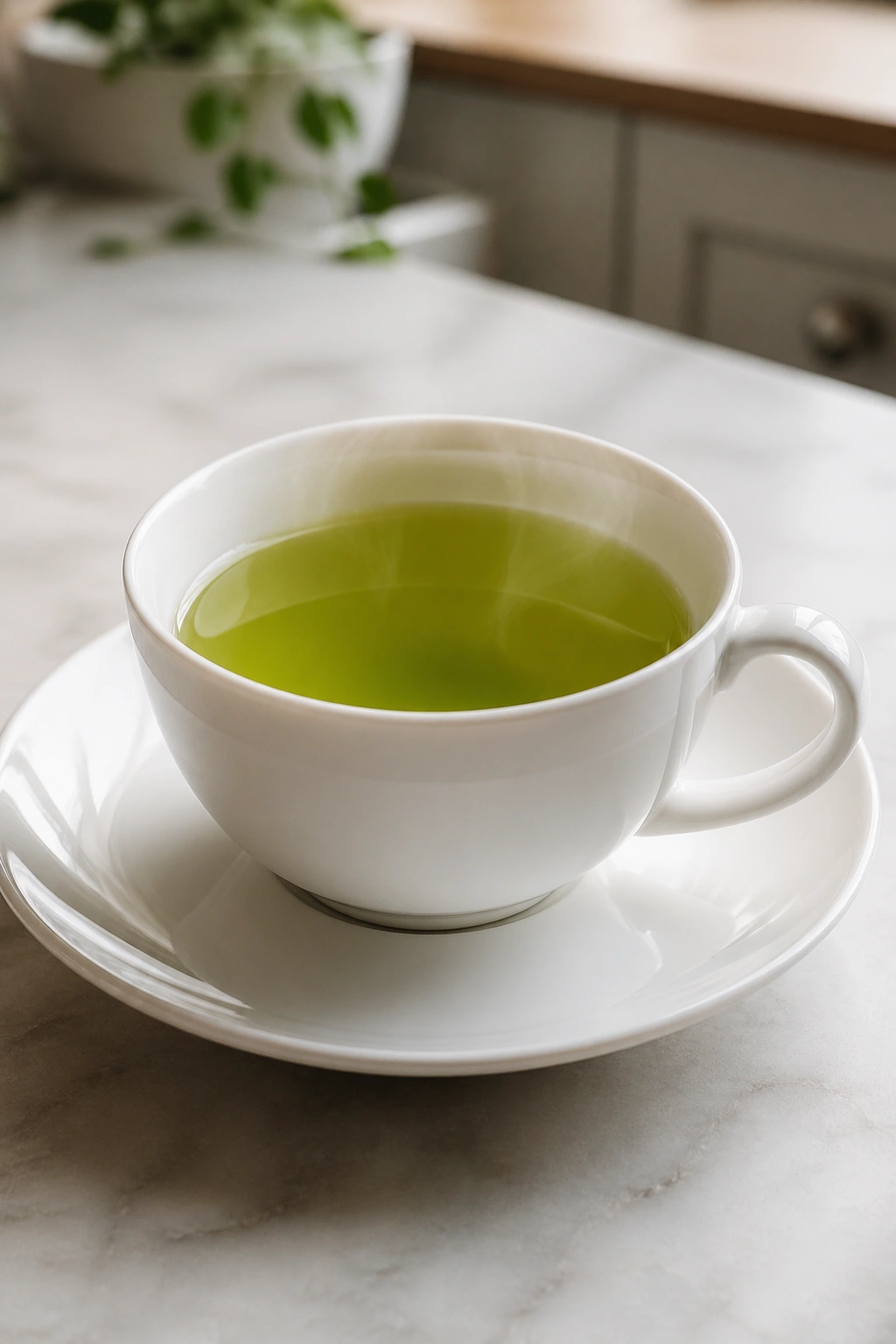 Cup of green tea emitting steam in a bright kitchen.