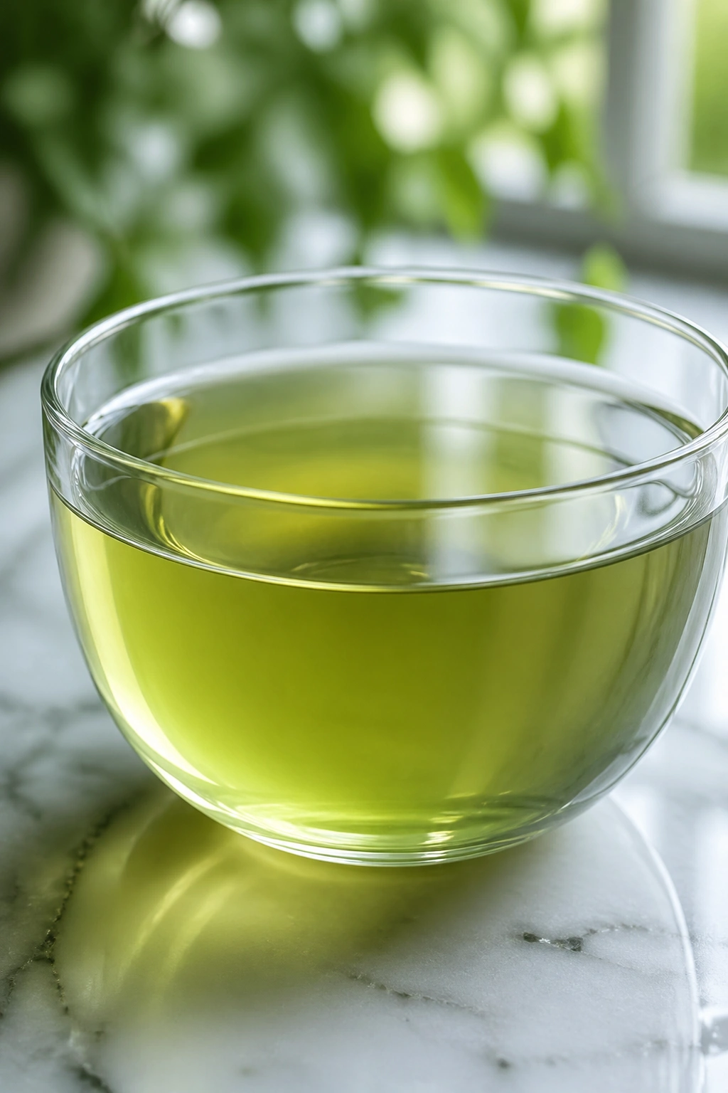 Close-up of unsweetened green tea in a glass cup on a marble counter