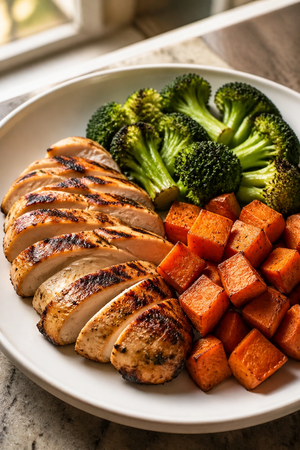 Close-up of grilled chicken with broccoli and sweet potato on plate