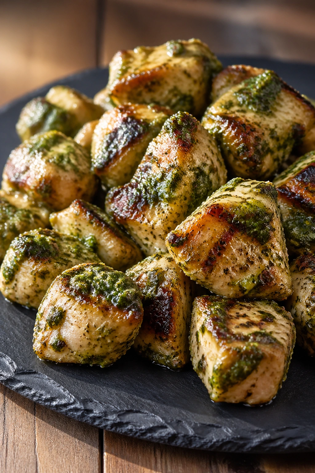Grilled chicken bites with pesto on dark plate