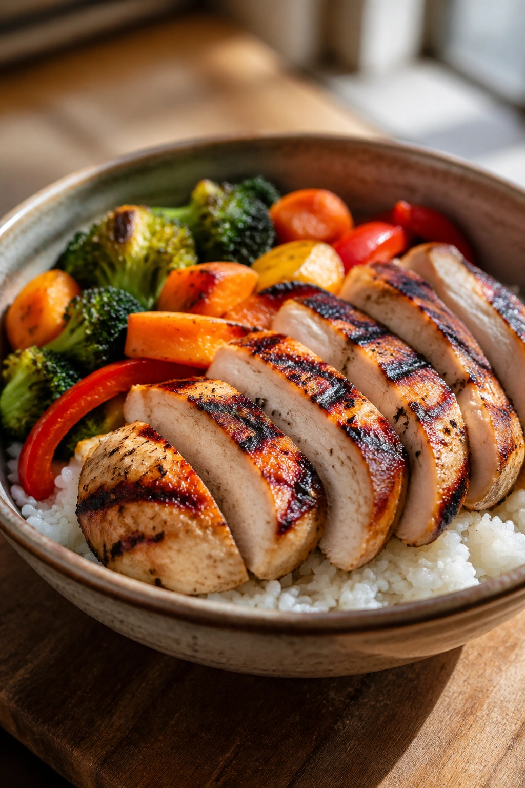 Close-up of grilled chicken rice bowl with rice and vegetables in a ceramic bowl.
