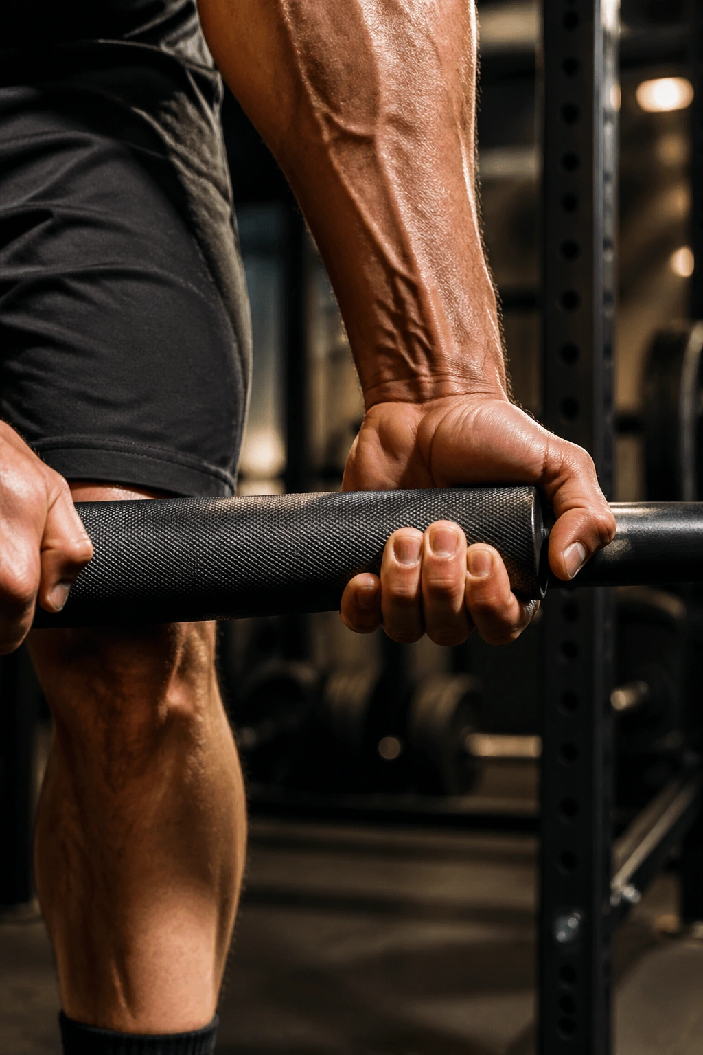 Close-up of a lifter's forearm gripping a thick barbell in a gym