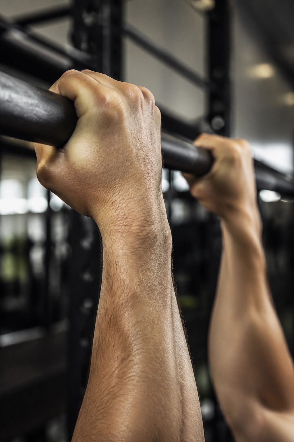 Close-up of hands gripping a thick pull-up bar