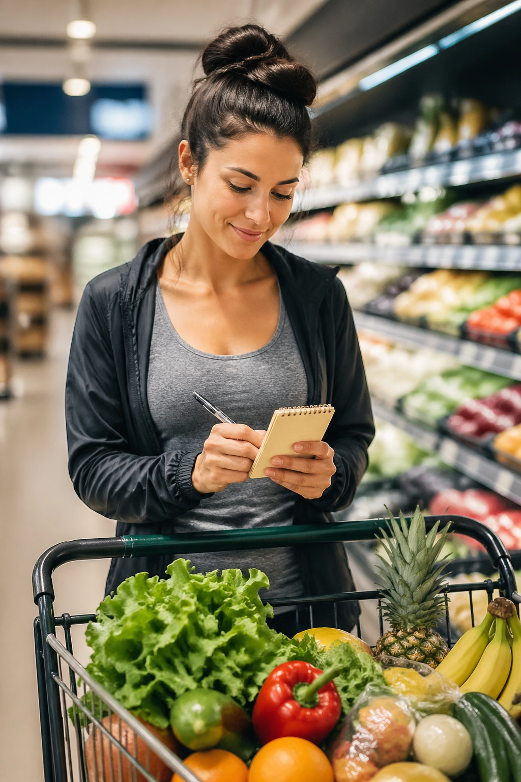 Shoppers with grocery cart in supermarket