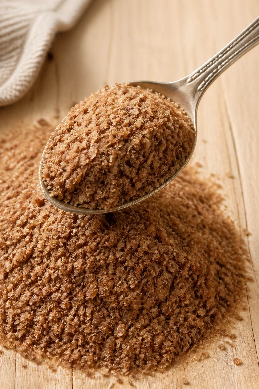 Close-up of ground flaxseed on a teaspoon