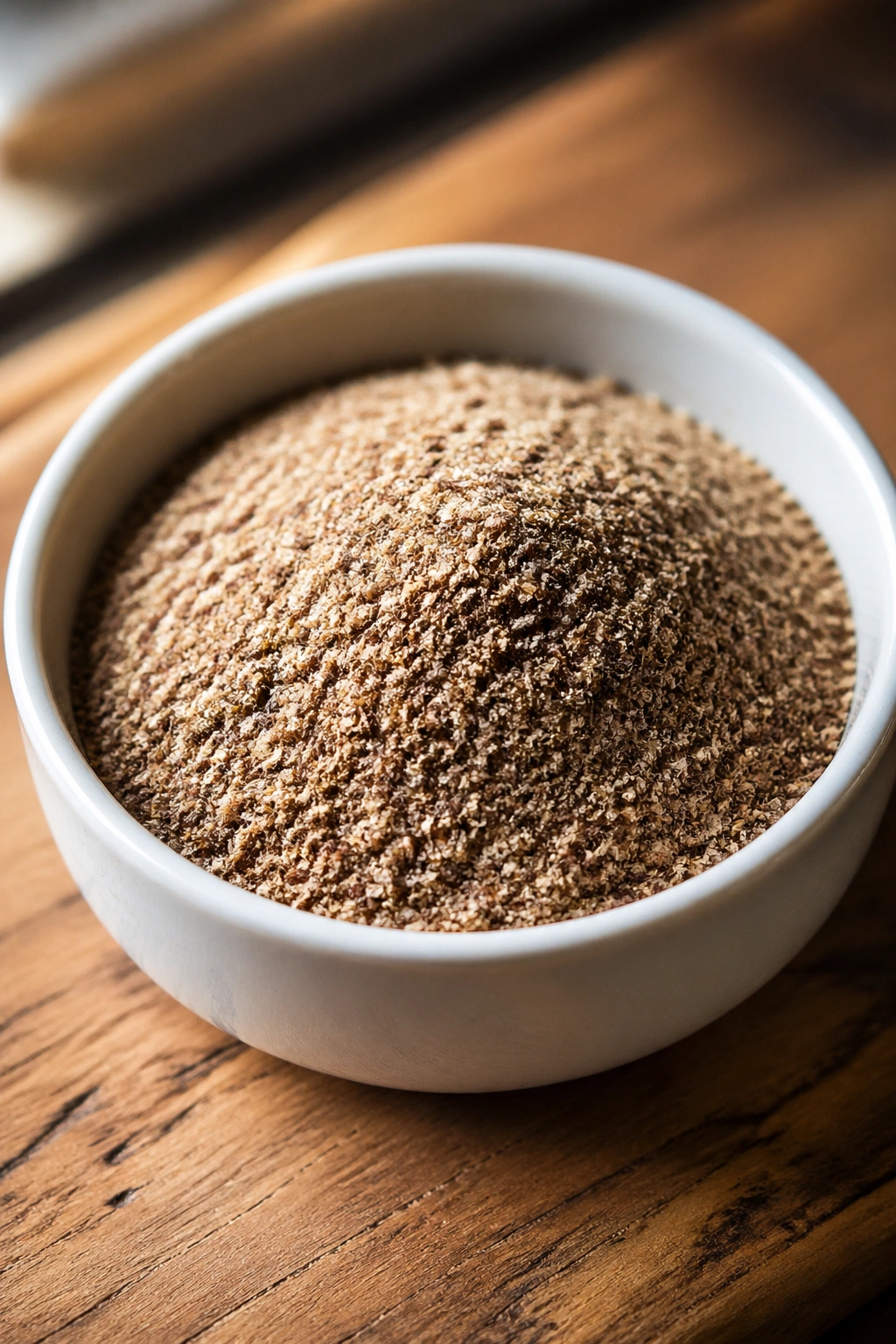 Ground flaxseed in a white bowl on a wooden surface