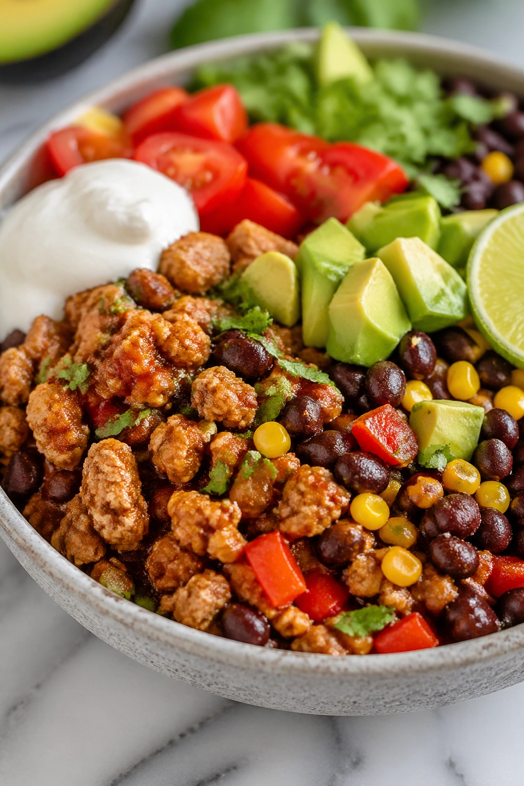 Close-up of ground turkey taco bowl with beans and corn