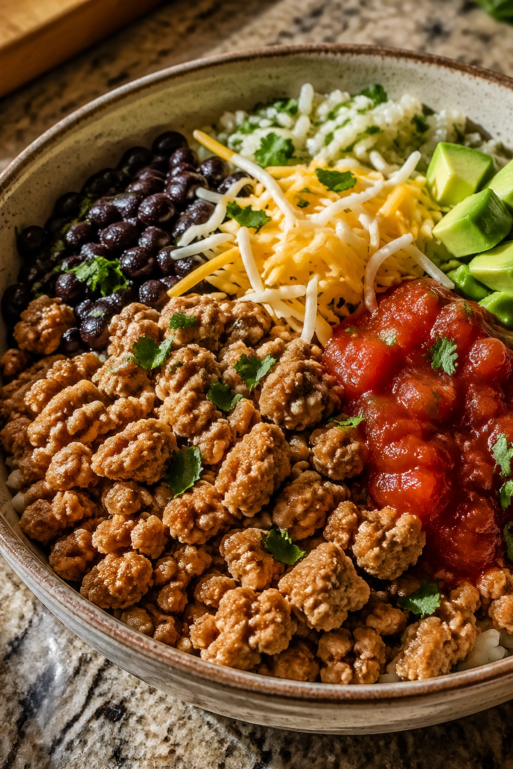Burrito bowl with ground turkey and toppings