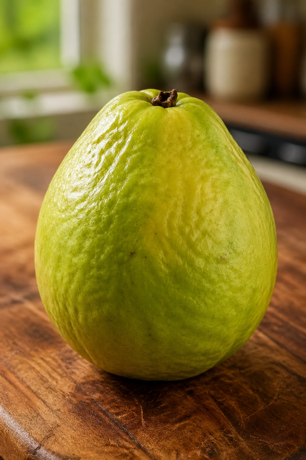 Close-up of a ripe guava on a wooden cutting board in a sunlit kitchen