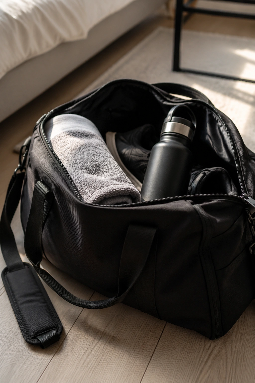 Gym bag dominating frame on bedroom floor in morning light