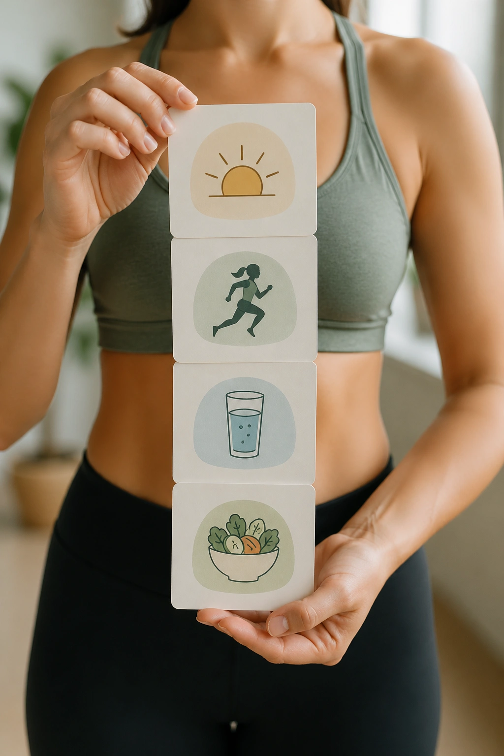 Person holding a vertical stack of habit cards with icons in a bright room.